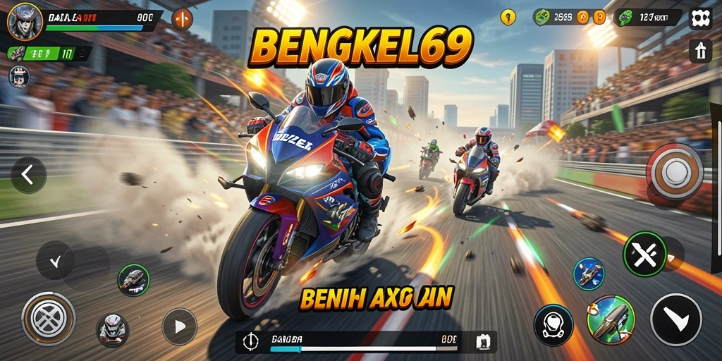 Tampilan gameplay BENGKEL69 yang mendebarkan saat balapan motor.