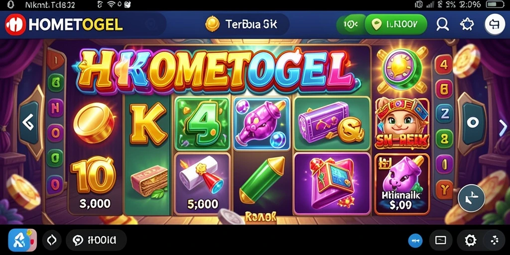 Screenshot gameplay HOMETOGEL menampilkan slot penuh warna dengan efek menarik.