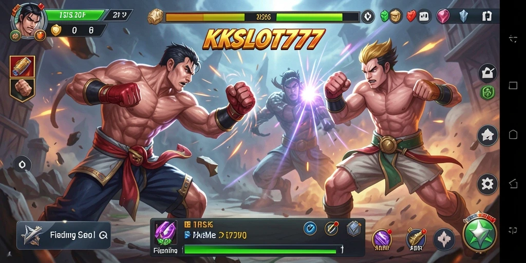 Screenshot gameplay KKSLOT777 menampilkan pertarungan mendebarkan dan karakter yang dinamis.