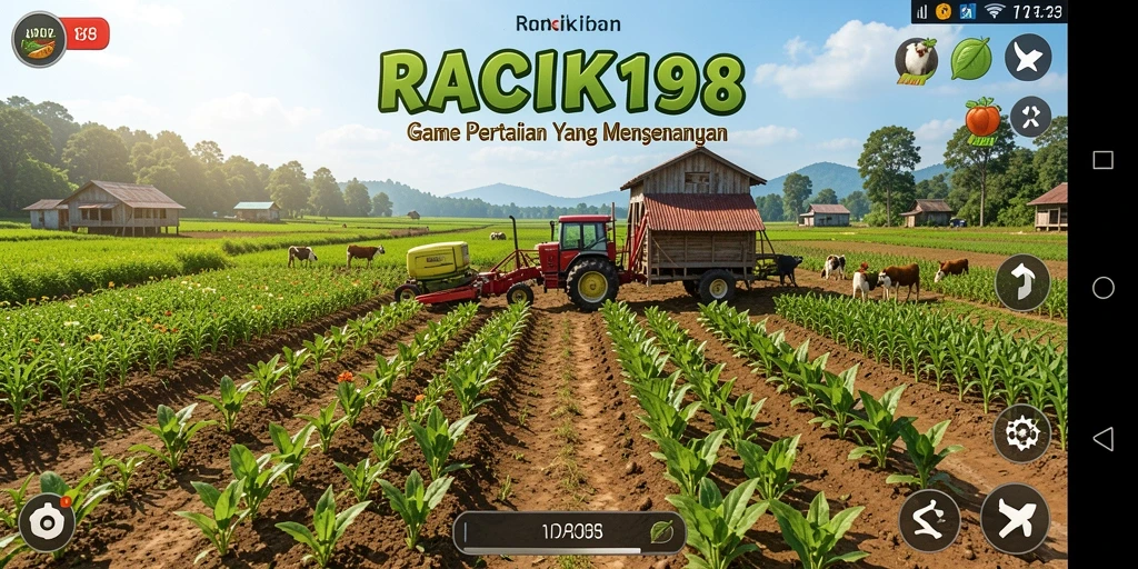 Screenshot gameplay <strong>RACIK198</strong> menunjukkan ladang penuh tanaman hijau.