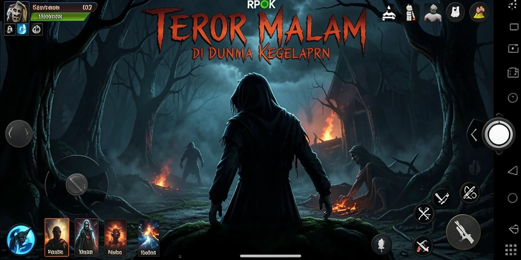 Screenshot utama menampilkan karakter utama dalam kegelapan yang mencekam.